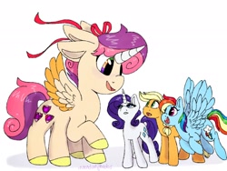 Size: 2048x1536 | Tagged: safe, artist:incendiaryboobs, apple bloom, applejack, rainbow dash, rarity, scootaloo, sweetie belle, alicorn, earth pony, pegasus, pony, unicorn, colored hooves, colored wings, colored wingtips, cutie mark crusaders, female, filly, four ears, fusion, macro, mare, multicolored eyes, multiple legs, multiple limbs, raised hoof, ribbon, siblings, simple background, sisters, six legs, size difference, smiling, spread wings, surprised, the ultimate cutie mark crusader, two toned wings, varying degrees of want, wat, we have become one, what has science done, white background, wings