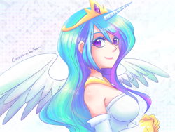 Size: 1600x1200 | Tagged: safe, artist:foxmi, princess celestia, human, bare shoulders, beautiful, bust, crown, cute, cutelestia, horned humanization, humanized, jewelry, looking at you, regalia, smiling, solo, winged humanization