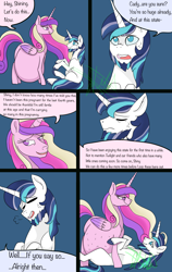 Size: 2400x3800 | Tagged: safe, artist:chelseawest, princess cadance, shining armor, alicorn, pony, unicorn, bags under eyes, beard, bedroom eyes, comic, couple, cute, ethereal mane, ethereal tail, eye contact, facial hair, female, grey hair, huge belly, husband and wife, hyper, hyper belly, hyper pregnancy, impossibly large belly, kicking, laying on ground, looking at each other, lying, lying down, male, married couple, married couples doing married things, multiple pregnancy, older, on top, pregdance, pregnant, shiningcadance, shipping, sigh, signature, sitting, speech, speech bubble, straddling, straight, sweat, talking, worried