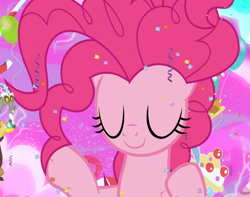 Size: 1190x936 | Tagged: safe, screencap, discord, pinkie pie, pony, the ending of the end, bell, chaos pinkie, cropped, eyes closed, giant pony, grogar's bell, macro, smiling, solo focus