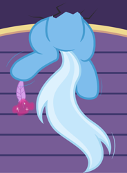 Size: 1236x1682 | Tagged: safe, artist:badumsquish, derpibooru exclusive, trixie, pony, unicorn, belly, feather, featureless crotch, female, hole, hoof tickling, implied twilight sparkle, kicking, magic, roof, silly, silly pony, solo, stuck, tail, tickling, trixie's wagon, wiggling