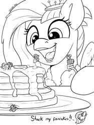 Size: 2048x2732 | Tagged: safe, artist:tsitra360, barley barrel, kerfuffle, petunia petals, torque wrench, earth pony, pegasus, pony, unicorn, rainbow roadtrip, black and white, food, grayscale, mawshot, micro, monochrome, mrs. hoofington, open mouth, pancakes, stuck, syrup