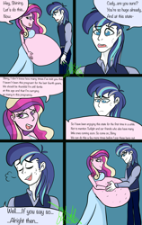 Size: 2400x3800 | Tagged: safe, alternate version, artist:chelseawest, princess cadance, shining armor, human, equestria girls, bags under eyes, bedroom eyes, comic, couple, cute, eye contact, female, grey hair, hand on belly, huge belly, husband and wife, hyper, hyper belly, hyper pregnancy, impossibly large belly, kicking, looking at each other, male, married couple, married couples doing married things, multiple pregnancy, older, pregdance, pregnant, pregnant equestria girls, shiningcadance, shipping, sigh, signature, speech, speech bubble, straight, sweat, talking, worried