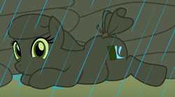 Size: 2293x1279 | Tagged: safe, artist:badumsquish, derpibooru exclusive, oc, oc only, object pony, original species, badumsquish strikes again, chubby, cute, female, ground, looking at you, ponified, prone, puddle, rain, sandbag, sandbag pony, smiling, solo, tail wrap, water