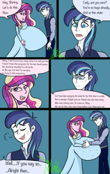 Size: 2400x3800 | Tagged: safe, alternate version, artist:chelseawest, princess cadance, shining armor, human, equestria girls, bags under eyes, bedroom eyes, clothes, comic, couple, cute, dress, eye contact, female, grey hair, hand on belly, huge belly, husband and wife, hyper, hyper belly, hyper pregnancy, impossibly large belly, kicking, looking at each other, male, married couple, married couples doing married things, maternity dress, multiple pregnancy, older, pregdance, pregnant, pregnant equestria girls, shiningcadance, shipping, sigh, signature, speech, speech bubble, straight, sweat, talking, worried
