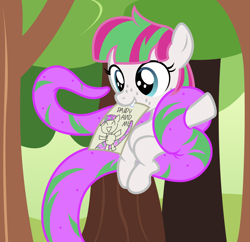 Size: 1944x1880 | Tagged: safe, artist:badumsquish, derpibooru exclusive, blossomforth, pegasus, pony, carrying, crossbreeding, drawing, duo, father and child, father and daughter, female, filly blossomforth, forest, fridge horror, grin, half-pony, happy, implications, interspecies offspring, male, mouth hold, offspring, paper, parent and child, raised hoof, sitting, smiling, teeth, tentacles, the implications are horrible, younger