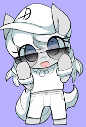 Size: 1247x1831 | Tagged: safe, artist:ccc, silver spoon, earth pony, pony, baseball cap, cap, clothes, cute, gangsta, glasses, hat, jewelry, looking at you, necklace, pants, pearl necklace, purple background, shirt, silverbetes, simple background, solo