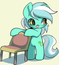 Size: 1250x1368 | Tagged: safe, artist:ccc, lyra heartstrings, pony, semi-anthro, unicorn, bipedal, chair, chibi, female, looking at you, mare, simple background, solo