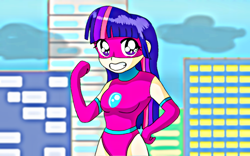 Size: 1280x800 | Tagged: safe, artist:edmopysun, twilight sparkle, human, 90s anime, anime, bodysuit, breasts, building, city, clothes, evening gloves, female, fist pump, giantess, gloves, grin, humanized, leotard, long gloves, looking at you, macro, magic gaia, mask, plasma girl, request, smiling, solo, style emulation, superhero, tokyo