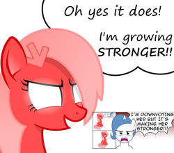 Size: 2890x2544 | Tagged: safe, artist:arifproject, artist:badumsquish, derpibooru exclusive, part of a series, part of a set, oc, oc only, oc:downvote, oc:theme, pony, derpibooru, derpibooru ponified, derpibooru theme illusion, dialogue, downvote bait, downvote vs theme, downvotes are upvotes, evil grin, female, glowing eyes, grin, hairclip, i am growing stronger, illusion, meta, ponified, reply, simple background, smiling, transparent background, vector