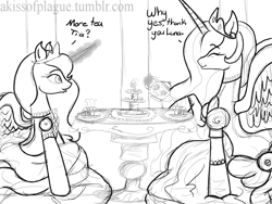 Size: 1280x960 | Tagged: safe, artist:akissofplague, princess celestia, princess luna, alicorn, pony, 30 minute art challenge, clothes, dress, monochrome, tea party