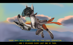 Size: 3600x2200 | Tagged: safe, artist:andromailus, original species, plane pony, pony, cloud, plane, solo, text, x-02 wyvern