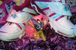 Size: 900x600 | Tagged: safe, artist:idlehandsblog, fluttershy, princess celestia, alicorn, pegasus, pony, brushable, mask, official, shoes, sneakers, toy