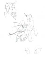 Size: 1024x1325 | Tagged: safe, artist:msnita, artist:sleeping-portal, princess luna, alicorn, kaiju pony, pony, crossover, destoroyah, godzilla (series), monochrome, ponified