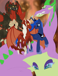 Size: 1024x1326 | Tagged: safe, nightmare moon, princess luna, spike, alicorn, dragon, kaiju, kaiju pony, pony, crossover, destoroyah, godzilla (series), ponified, spikezilla