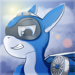 Size: 1501x1500 | Tagged: safe, artist:jesterpi, oc, oc:zero, original species, plane pony, pony, blue, bright, flare, flying engines, jet pony, plane, profile, sky, smiling, smirk, sun