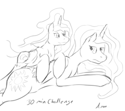 Size: 800x711 | Tagged: artist needed, safe, princess celestia, princess luna, alicorn, pony, 30 minute art challenge, monochrome, prone