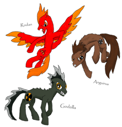 Size: 1024x1061 | Tagged: safe, earth pony, kaiju pony, pegasus, pony, anguirus, godzilla, godzilla (series), ponified, rodan