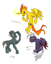 Size: 1024x1276 | Tagged: safe, artist:sethhm, alicorn, kaiju pony, pegasus, pony, unicorn, gigan, godzilla (series), king ghidorah, orga, ponified