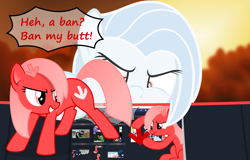 Size: 2999x1920 | Tagged: safe, artist:arifproject, artist:badumsquish, derpibooru exclusive, part of a series, part of a set, oc, oc only, oc:albany, oc:downvote, oc:theme, earth pony, pony, derpibooru, derpibooru ponified, dialogue, downvote vs theme, female, hairclip, meta, ponified, reply, teasing, vector, we need to go deeper