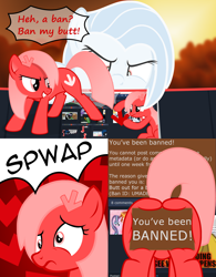 Size: 2024x2590 | Tagged: safe, artist:arifproject, artist:badumsquish, derpibooru exclusive, part of a series, part of a set, oc, oc only, oc:albany, oc:downvote, earth pony, pony, asking for it, ban, derp, derpibooru, derpibooru ponified, dialogue, downvote vs theme, face down ass up, female, hairclip, meta, plot, ponified, reply, squishy plot, stamp, teasing, vector