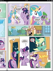 Size: 768x1024 | Tagged: safe, idw, princess celestia, spike, twilight sparkle, alicorn, dragon, pony, idw micro series, comic, glasses, idw advertisement, official comic, preview, summer mane