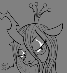 Size: 523x569 | Tagged: safe, artist:soulcentinel, queen chrysalis, changeling, changeling queen, bedroom eyes, bust, explicit source, female, grayscale, looking at you, monochrome, solo