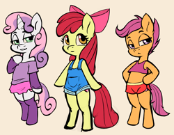 Size: 1088x845 | Tagged: safe, artist:soulcentinel, apple bloom, scootaloo, sweetie belle, earth pony, pegasus, semi-anthro, unicorn, bipedal, bow, clothes, cute, cutie mark, cutie mark crusaders, digital art, ear fluff, female, filly, foal, lidded eyes, midriff, miniskirt, off shoulder, overalls, shorts, skirt, socks, sports bra, sports shorts, stockings, the cmc's cutie marks, thigh highs, trio, underage