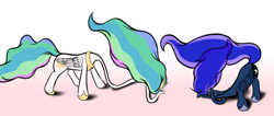 Size: 1500x635 | Tagged: safe, artist:furor1, princess celestia, princess luna, alicorn, pony, snake, not salmon, pretzel, wat