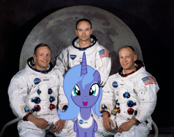 Size: 2639x2077 | Tagged: safe, artist:badumsquish, derpibooru exclusive, princess luna, alicorn, human, pony, buzz aldrin, female, first contact, folded wings, group shot, happy, irl, male, michael collins, moon, nasa, neil armstrong, open mouth, photo, ponies in real life, pose, s1 luna, sitting, smiling