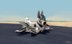 Size: 3600x2200 | Tagged: safe, artist:andromailus, oc, original species, plane pony, pony, desert, grumman x-29, looking at you, nasa, plane, prone, solo