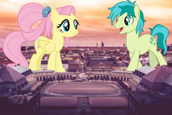 Size: 3000x2000 | Tagged: safe, artist:cloudyglow, artist:jerryakiraclassics19, fluttershy, sandbar, earth pony, pegasus, pony, the last problem, building, copenhagen, denmark, duo, female, giant pony, giantess, highrise ponies, irl, macro, male, mare, older, older fluttershy, older sandbar, photo, ponies in real life, raised hoof, stallion, story included, sunrise