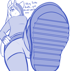 Size: 4000x4000 | Tagged: safe, artist:mrrowboat, oc, oc:golden age, anthro, unicorn, boots, clothes, macro, monochrome, shoes, solo, stomp, sweater