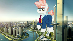 Size: 1920x1088 | Tagged: safe, svengallop, earth pony, pony, 3d, building, city, clothes, giant pony, highrise ponies, macro, male, raised hoof, stallion