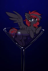 Size: 1225x1823 | Tagged: safe, artist:starlyflygallery, oc, oc only, oc:sharpe, pegasus, pony, cup, cup of pony, cutie mark, glass, heterochromia, martini glass, micro, piercing, solo, ych result