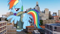 Size: 1456x819 | Tagged: safe, rainbow dash, pegasus, pony, bomber jacket, building, butt, city, clothes, female, giant pony, giant rainbow dash, giantess, highrise ponies, jacket, looking back, macro, mare, mega/giant rainbow dash, plot, raised hoof