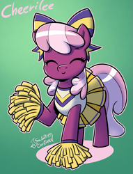 Size: 963x1258 | Tagged: safe, artist:soulcentinel, cheerilee, earth pony, pony, bow, cheeribetes, cheerileeder, cheerleader, cheerleader outfit, clothes, cute, eyes closed, female, hair bow, mare, moe, pinup, pleated skirt, pom pom, raised hoof, skirt, smiling, solo