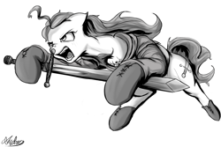 Size: 1500x1000 | Tagged: safe, artist:andromailus, oc, oc:nordpone, earth pony, pony, clothes, leaping, monochrome, simple background, solo, sword, weapon, white background