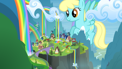 Size: 3840x2160 | Tagged: safe, artist:dipi11, artist:jerryakiraclassics19, artist:the-bitterman, sassaflash, pegasus, pony, cloud, female, giant pony, giantess, highrise ponies, house, macro, mare, rainbow falls (location), rainbow waterfall, tree