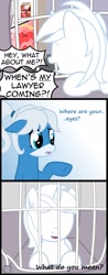 Size: 1062x2701 | Tagged: safe, artist:arifproject, artist:badumsquish, oc, oc only, oc:downvote, oc:notification, oc:post anonymously, earth pony, pony, unicorn, cage, comic, derpibooru, derpibooru ponified, dialogue, downvote vs theme, eyes closed, female, floppy ears, halo, meta, no eyes, open mouth, pet carrier, pointing, ponified, reply, smiling