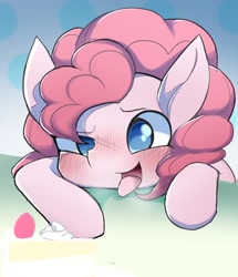 Size: 1234x1438 | Tagged: safe, artist:ccc, pinkie pie, earth pony, pony, blushing, female, food, looking at you, mare, solo, strawberry, whipped cream