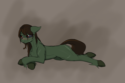 Size: 1500x1000 | Tagged: safe, artist:andromailus, oc, earth pony, monster pony, orc, original species, pony, blushing, lying down, simple background, solo, unshorn fetlocks