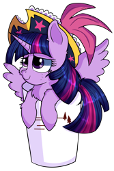 Size: 4000x6000 | Tagged: safe, artist:rainbowtashie, twilight sparkle, twilight sparkle (alicorn), alicorn, pony, bucket, captain twilight, cheek fluff, chest fluff, commission, cup, cup of pony, cute, female, fluffy, hat, hay, hoof fluff, looking at someone, looking at something, micro, pirate hat, pirate twilight, simple background, solo, spread wings, tiny, tiny ponies, transparent background, twiabetes, wings