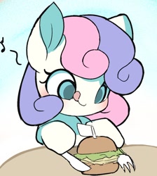 Size: 964x1077 | Tagged: safe, artist:ccc, bon bon, sweetie drops, earth pony, pony, adorabon, burger, cute, female, food, fork, hay burger, knife, mare, music notes, solo, tongue out