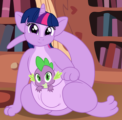 Size: 2764x2710 | Tagged: safe, artist:badumsquish, derpibooru exclusive, spike, twilight sparkle, kangaroo, book, chubby, cute, female, kangaroonicorn, looking at you, mama twilight, pouch, sitting, smiling, solo, species swap, sultry pose