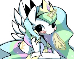 Size: 1024x809 | Tagged: safe, artist:ccc, princess celestia, alicorn, pony, banana, crown, cute, cutelestia, female, food, jewelry, magic, mare, regalia, simple background, solo, tongue out, white background