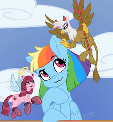Size: 1218x1321 | Tagged: safe, artist:soulcentinel, gilda, pinkie pie, rainbow dash, angel, earth pony, griffon, pegasus, pony, fanfic:twin fates, alternate hairstyle, alternate universe, boots, cover art, cute, cutie mark, devil, fanfic, fanfic art, fanfic cover, female, mare, shoulder angel, shoulder devil, thinking, wings