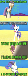 Size: 368x966 | Tagged: safe, artist:undeadponysoldier, maud pie, rarity, spike, dragon, earth pony, pony, unicorn, series:spikebob scalepants, 3d, comic, cute, female, funny, giant pony, gmod, happy, hoof hugs, hugging leg, it's a rock, macro, mare, parody, pizza delivery, pun, rarity is not amused, reference, silly, sobbing, spongebob squarepants, unamused