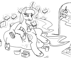 Size: 882x724 | Tagged: safe, artist:reiduran, princess celestia, princess luna, alicorn, pony, beanbag chair, black and white, eating, glorious grilled cheese, grayscale, grilled cheese, ice cream, junk food, lineart, monochrome, pizza, remote control, soda, unamused