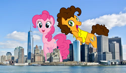 Size: 1800x1050 | Tagged: safe, artist:masem, artist:slb94, artist:theotterpony, cheese sandwich, pinkie pie, earth pony, pony, building, city, cloud, duo, excited, female, giant pony, giantess, highrise ponies, irl, macro, male, manhattan, mare, new york city, photo, ponies in real life, raised hoof, scenery, sky, stallion, story included, water